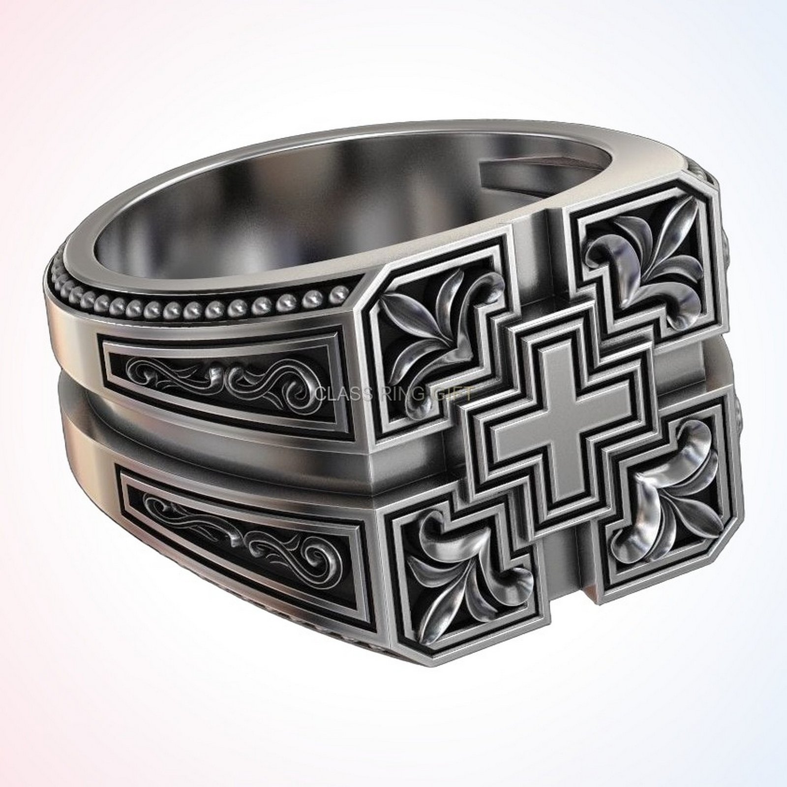 Personalized gift patterns ring with ornamental cross in oxidized 925 sterling silver