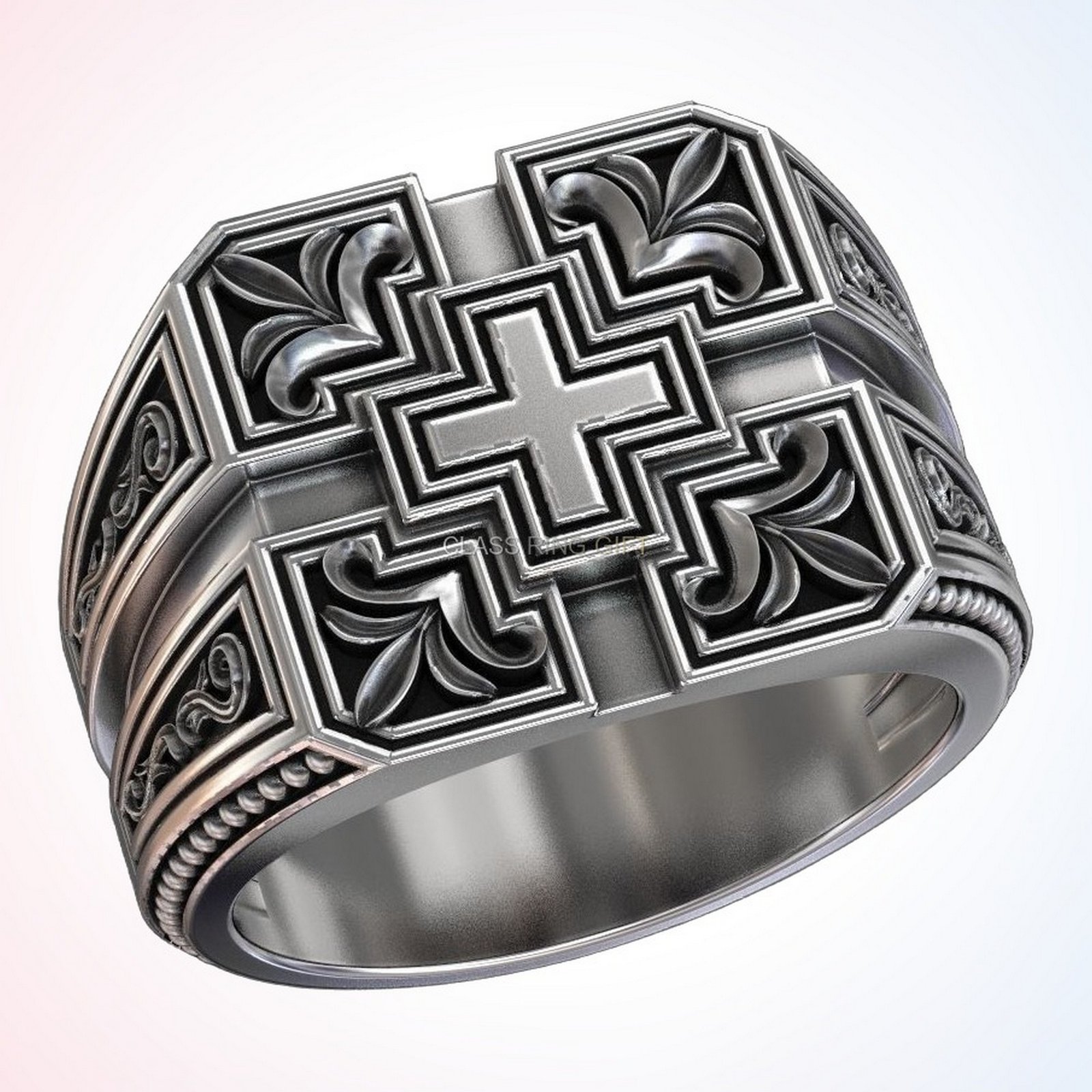 Personalized gift patterns ring with ornamental cross in oxidized 925 sterling silver