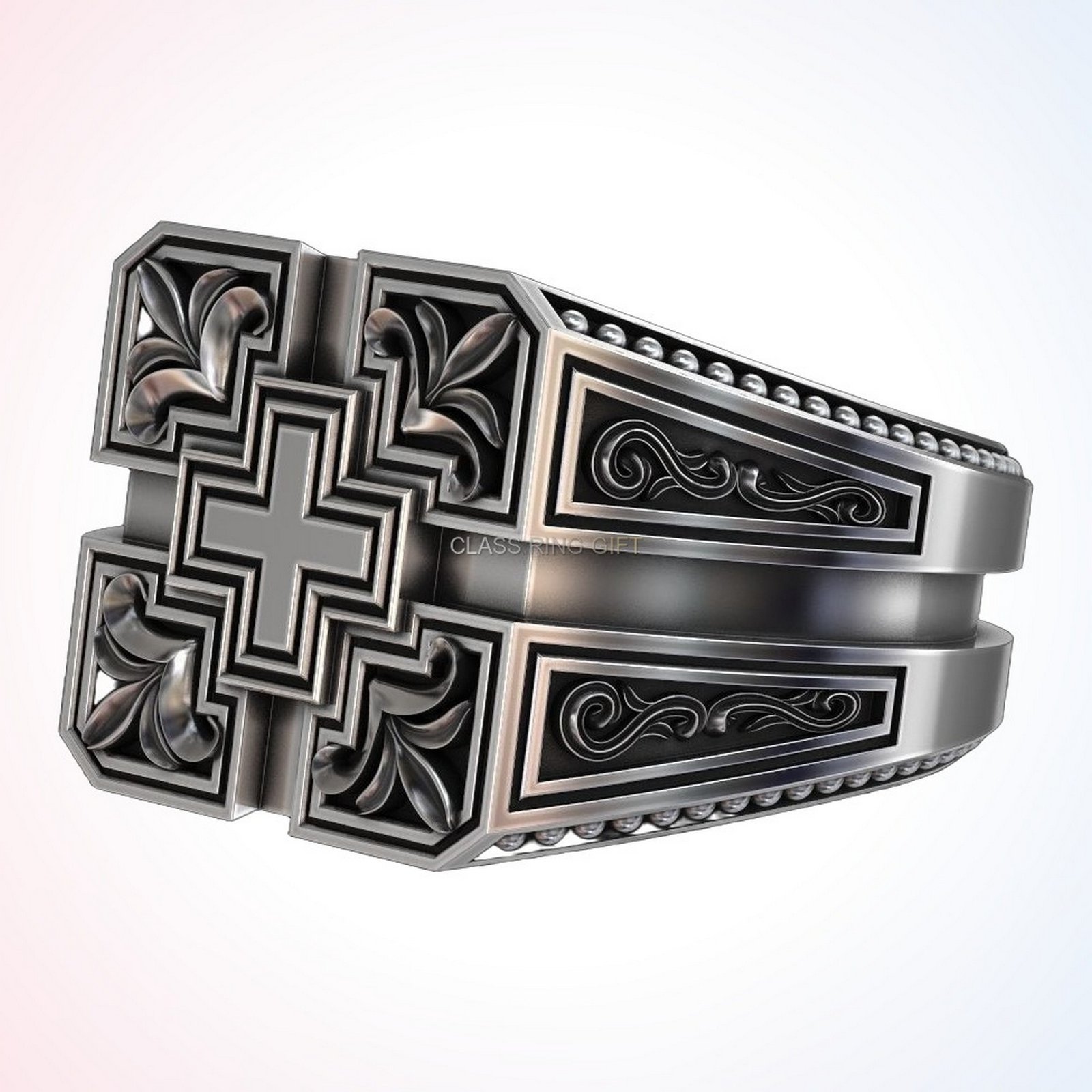 Personalized gift patterns ring with ornamental cross in oxidized 925 sterling silver