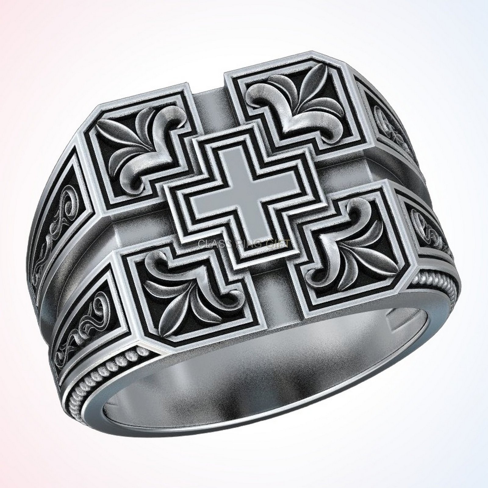 Personalized gift patterns ring with ornamental cross in oxidized 925 sterling silver