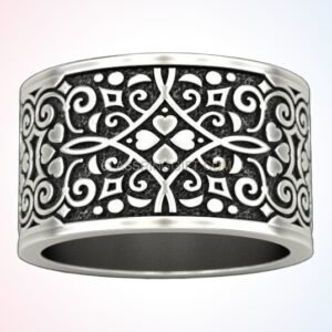 Sterling silver ornamental heart filigree ring with oxidized scrollwork