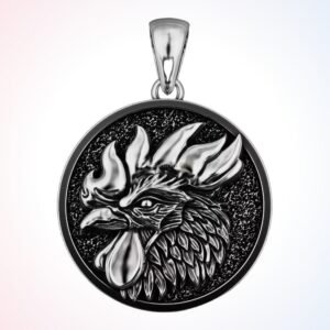 personalized gift rooster pendant, oxidized 925 sterling silver head-on