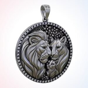 Gift for him round lion family pendant medallion in oxidized 925 sterling silver with pave gemstone