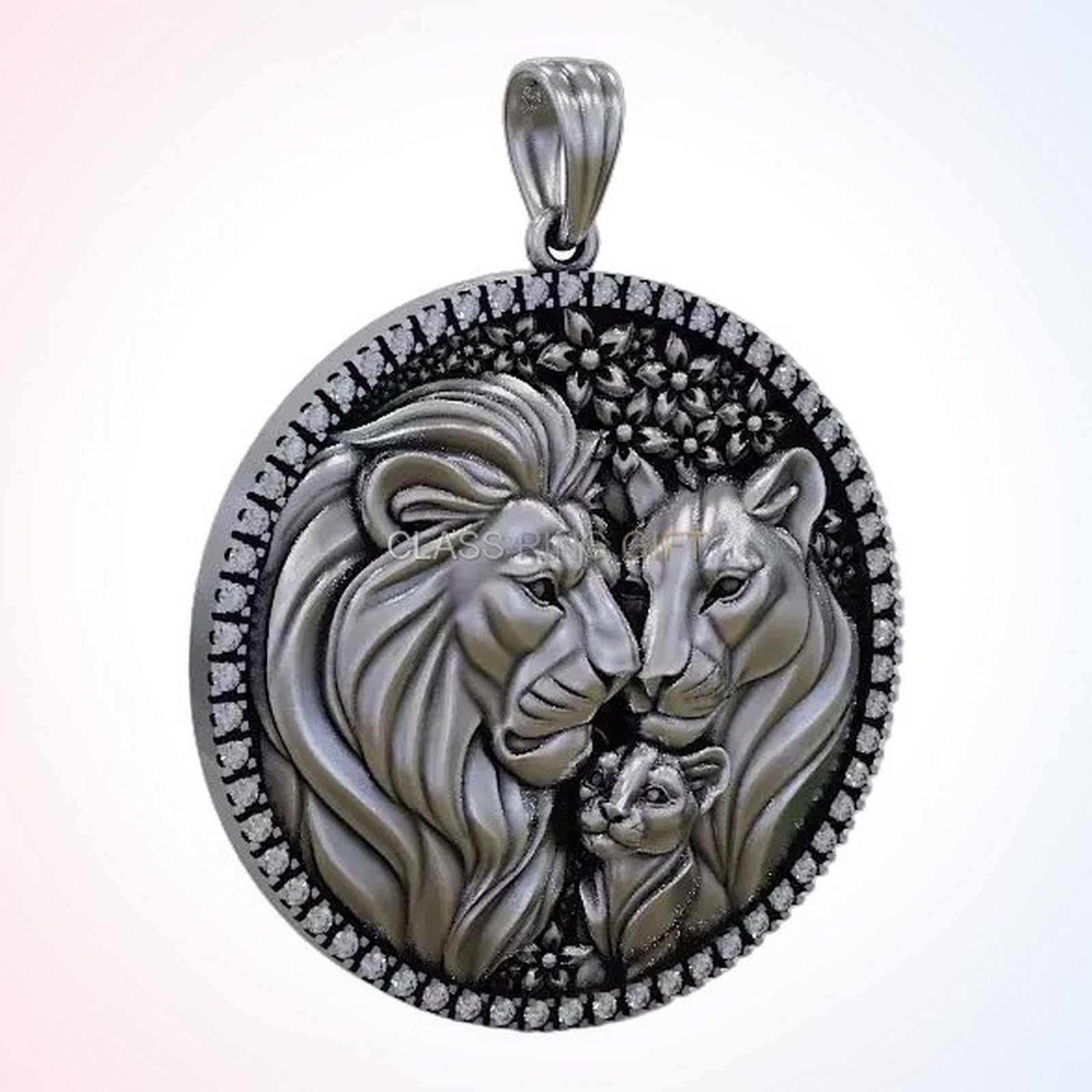 Gift for him round lion family pendant medallion in oxidized 925 sterling silver with pave gemstone