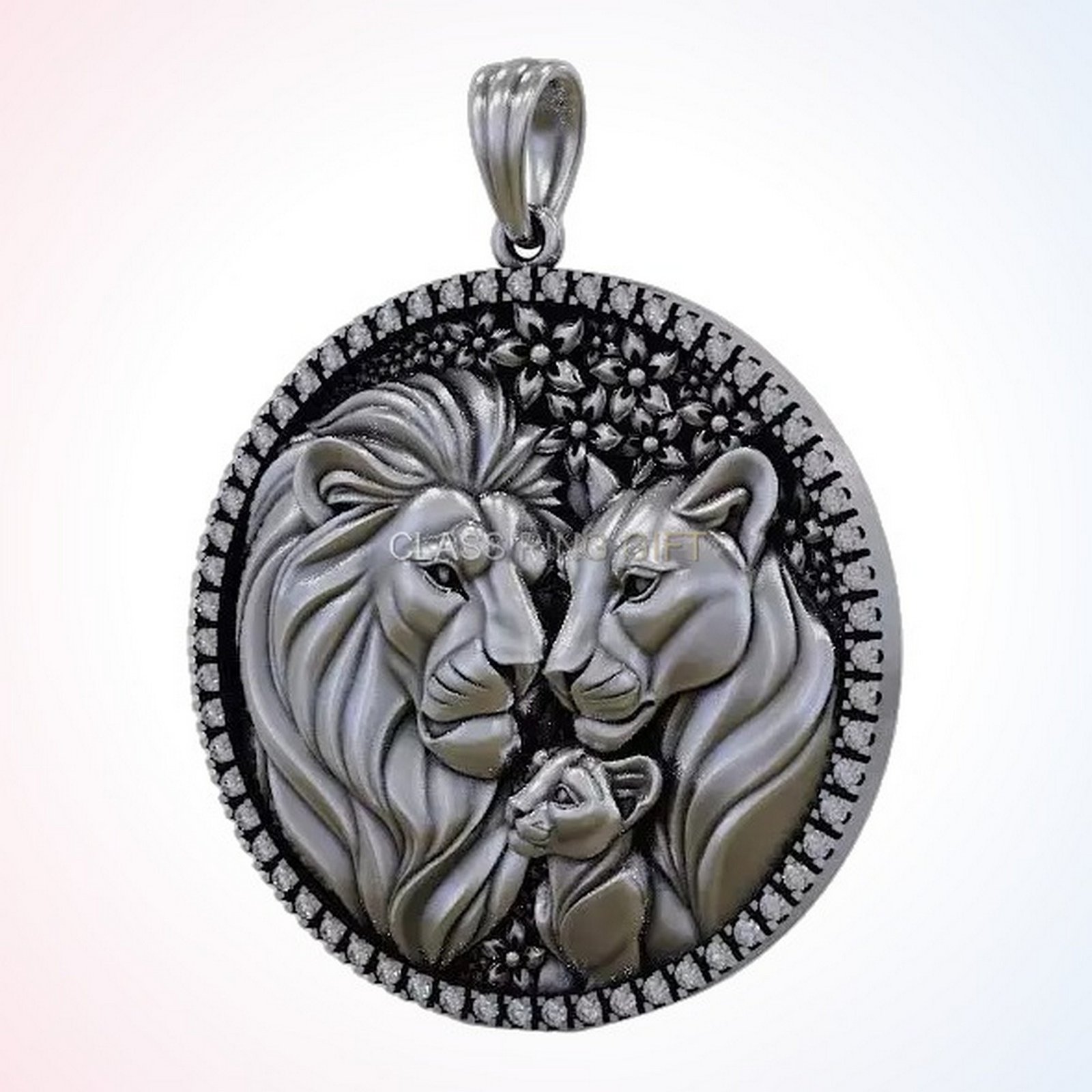 Gift for him round lion, center composition with full pave frame detail