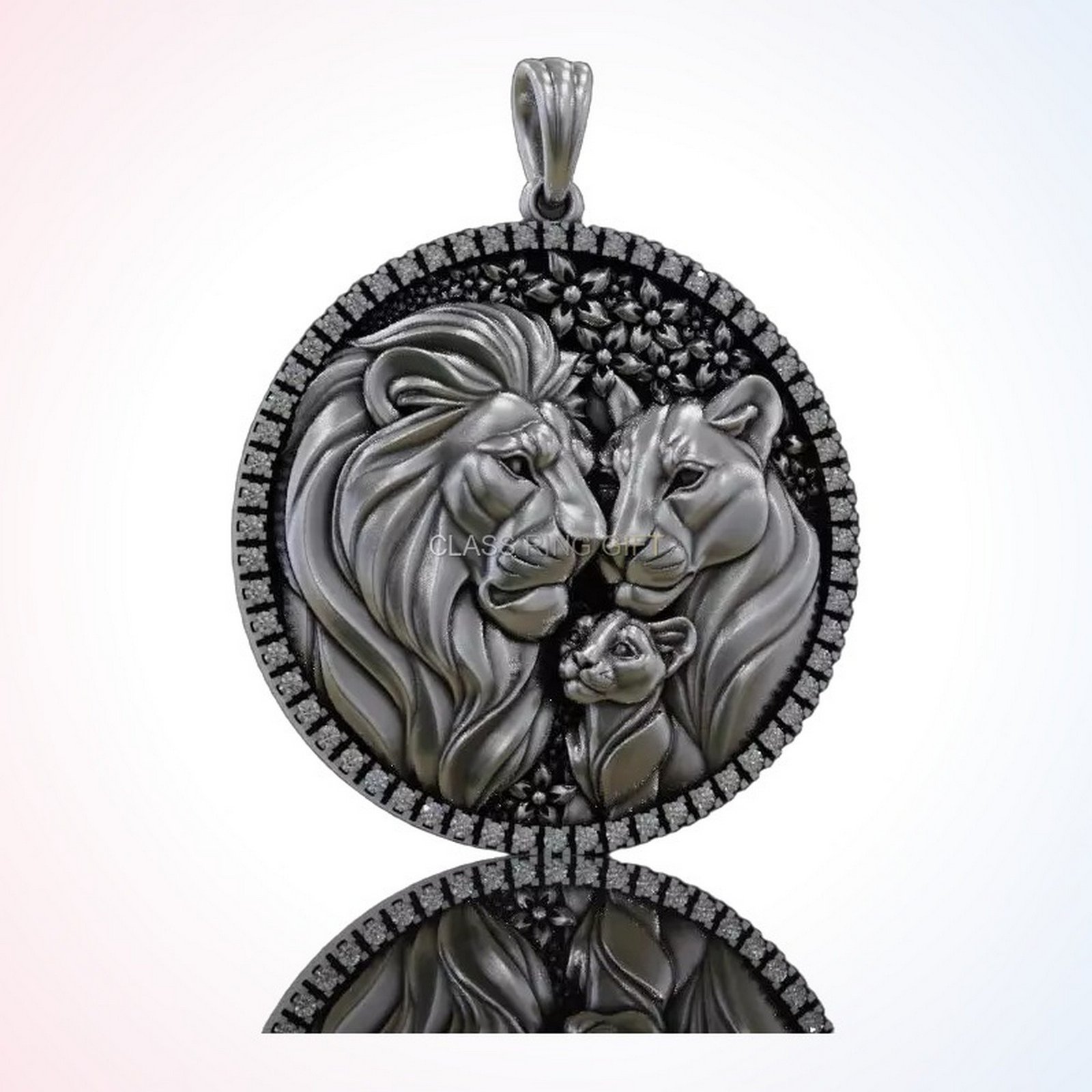 Gift for him round lion, straight-on pendant display with gemstone border