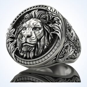 Gift for him royal lion ring, 925 sterling silver with beaded frame