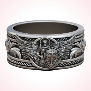 Michael christian gift saint archangel ring with winged angel and shield