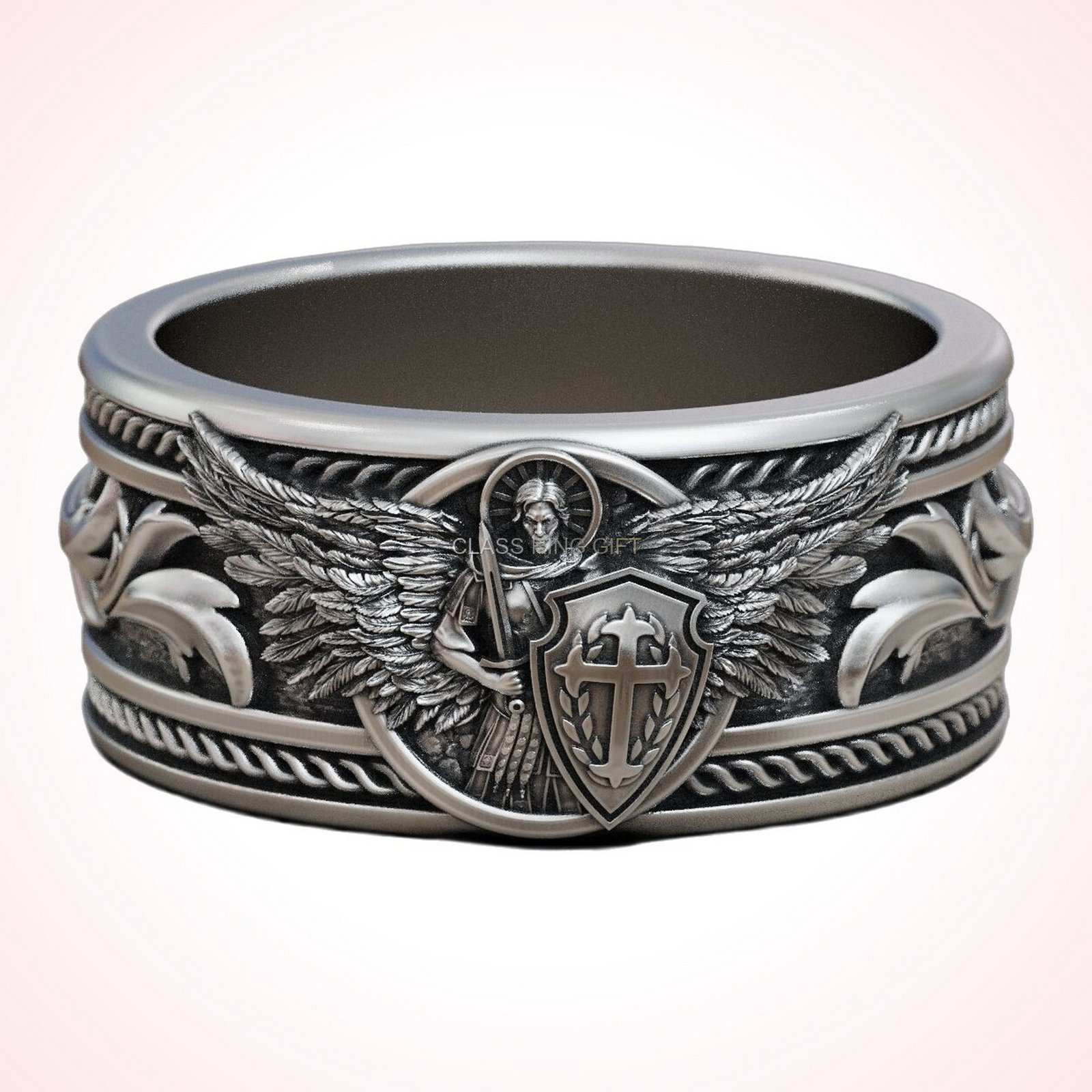 Michael christian gift saint archangel ring with winged angel and shield