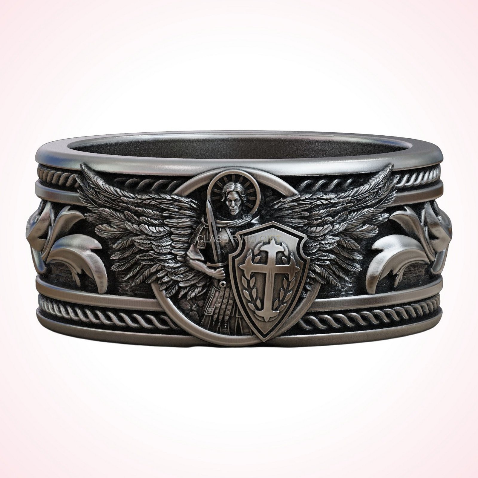Michael christian gift saint archangel ring, full band and shoulders detail