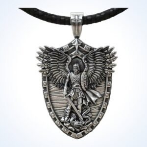 Michael christian gift saint archangel pendant with sword and shield, oxidized silver