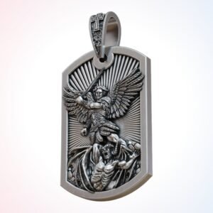 Dogtag christian gift saint archangel pendant, Michael vanquishing demon, 925 silver