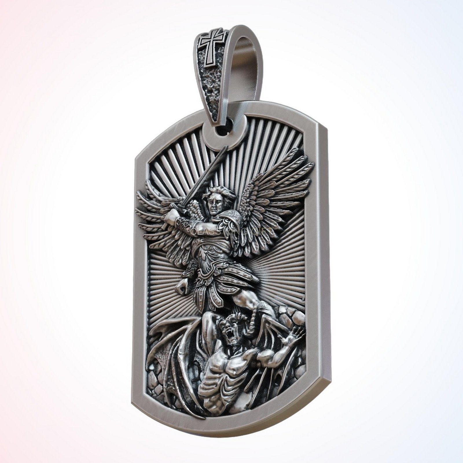 Dogtag christian gift saint archangel pendant, Michael vanquishing demon, 925 silver