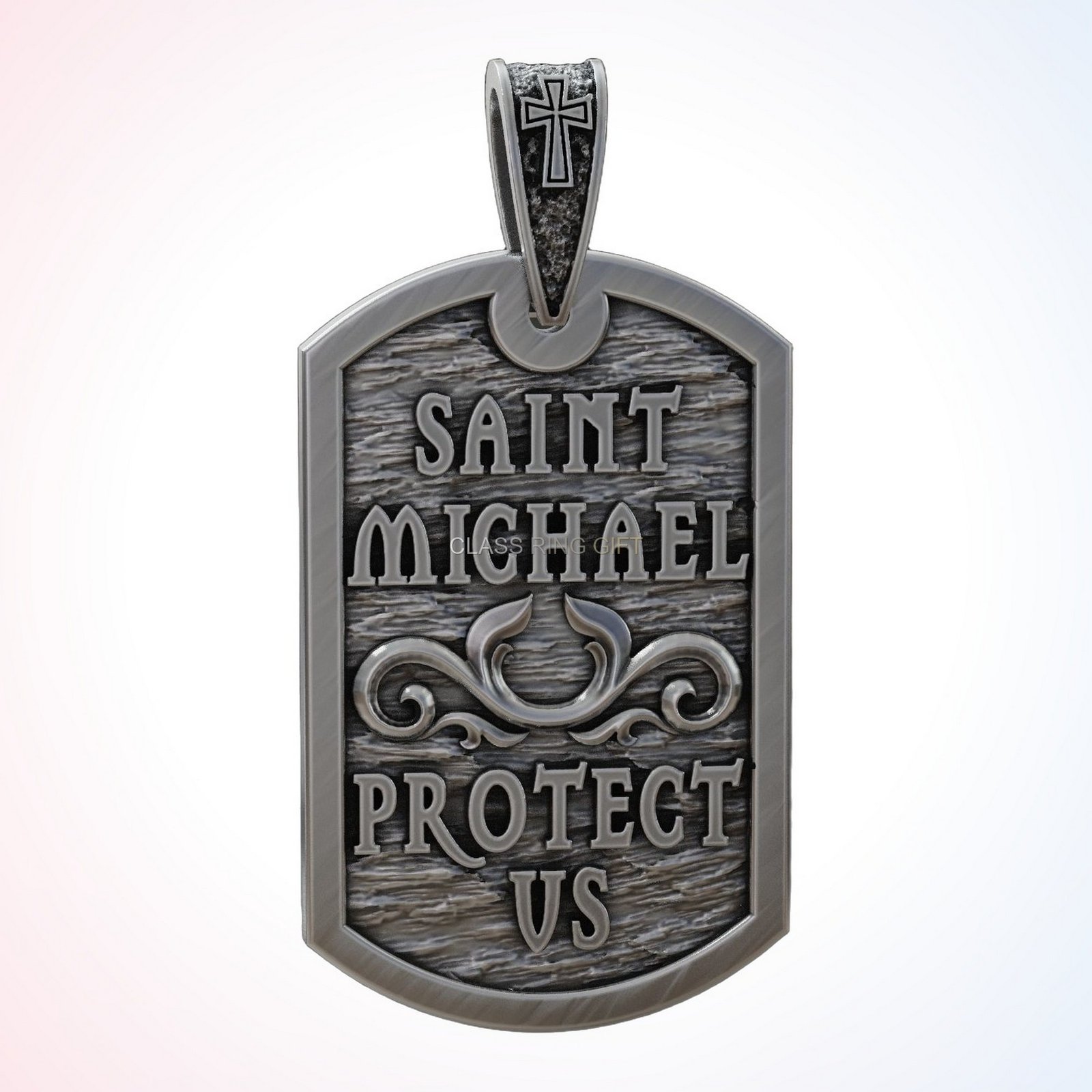 Dogtag christian gift saint archangel pendant, Saint Michael with demon, radiating background detail