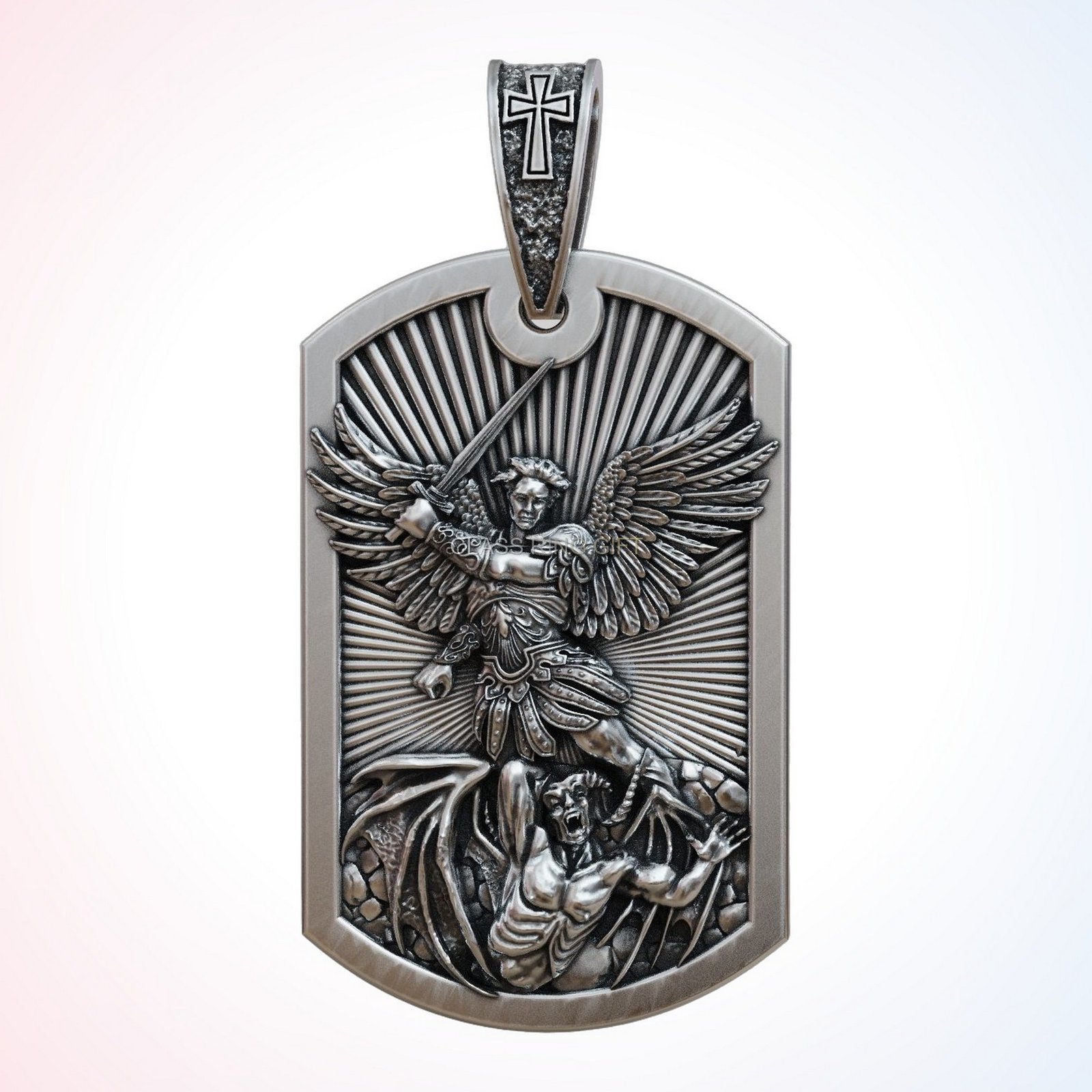 Dogtag christian gift saint archangel pendant, Michael vanquishing demon, 925 silver
