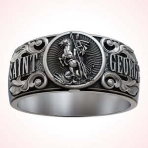 Band christian gift saint george ring, oxidized 925 sterling silver with baroque scrolls