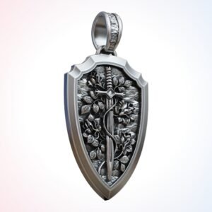 Gift for him shield sword pendant with flowers, oxidized 925 sterling silver
