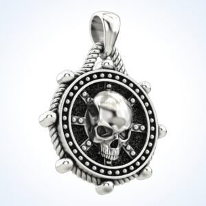 Gift for him ships rudder skull pendant, oxidized 925 silver