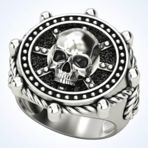 Skull gift for him ships rudder ring, polished skull with rudder motif beaded frame