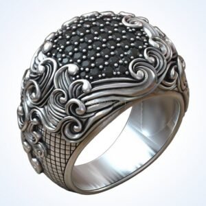 Gift for him wavy pave sterling silver signet ring, baroque scrollwork design