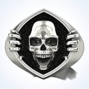 Gift for him skull bone ring with articulated hands, front view