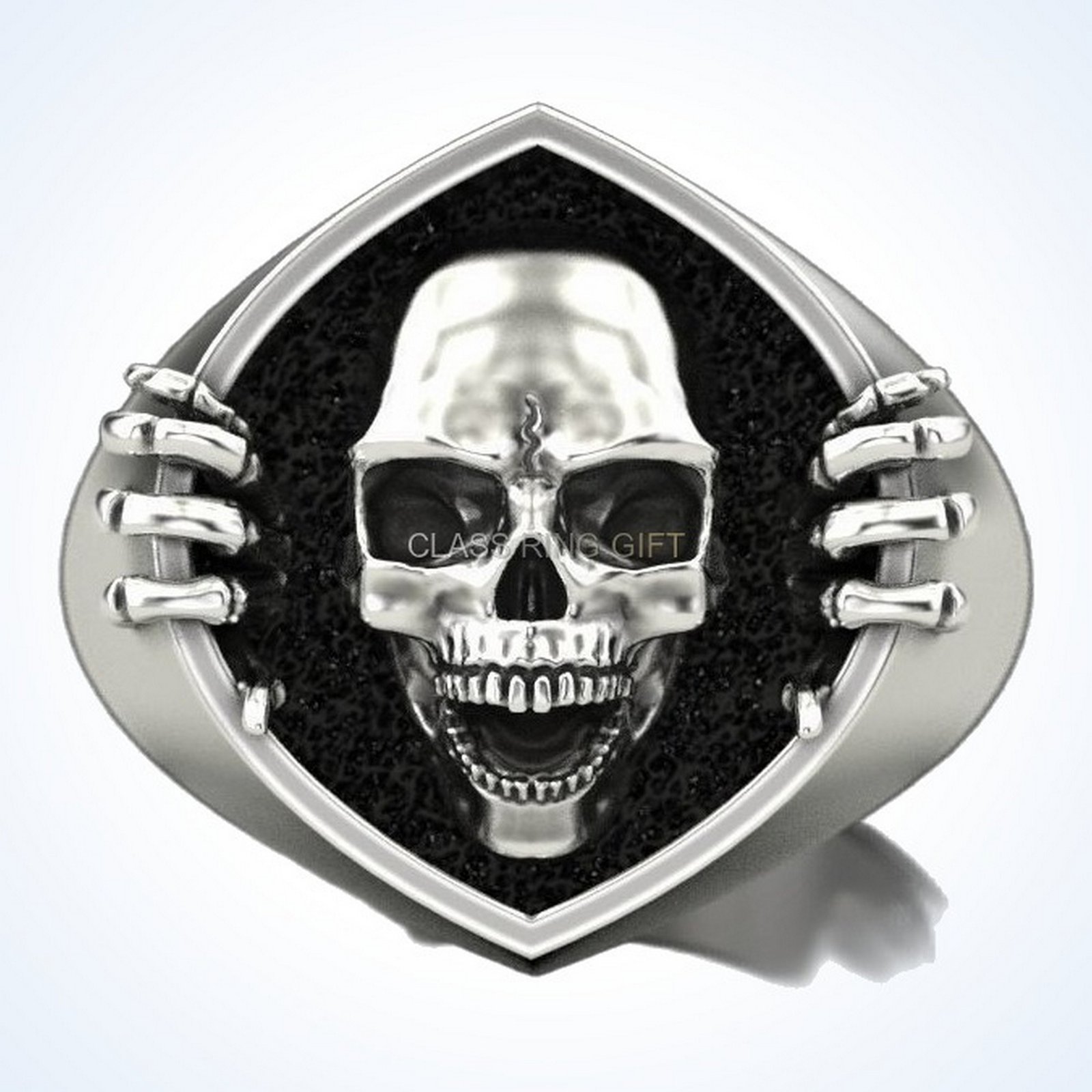 Gift for him skull bone ring with articulated hands, front view