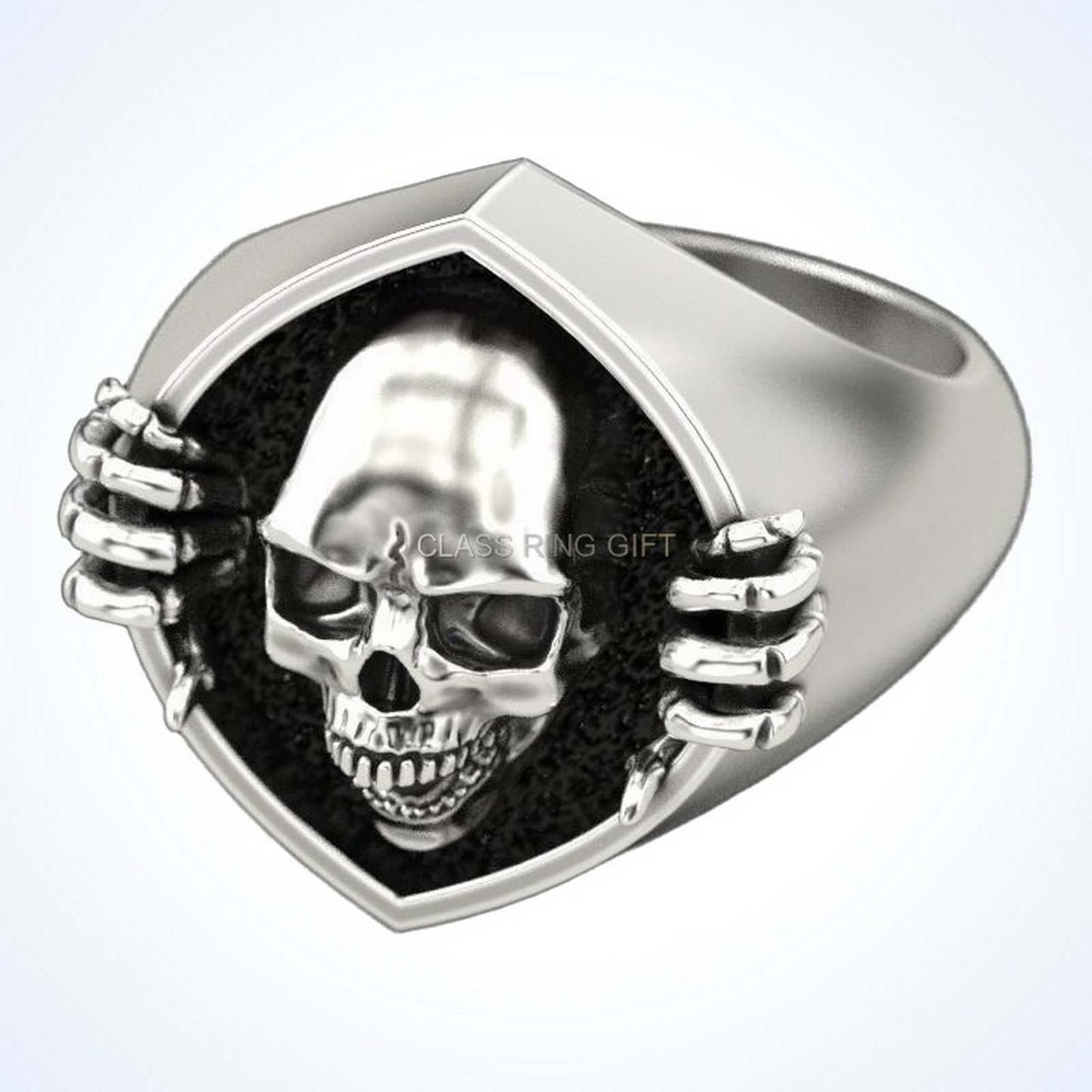 Gift for him skull bone ring with articulated hands, front view