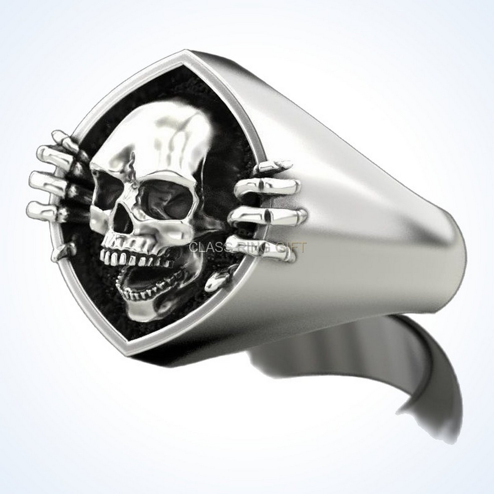 Gift for him skull bone ring with articulated hands, front view