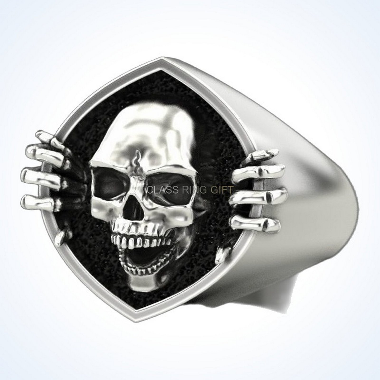 Gift for him skull bone ring with articulated hands, front view