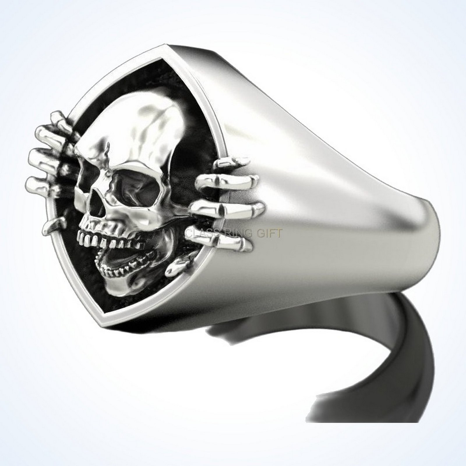 Gift for him skull bone ring with articulated hands, front view