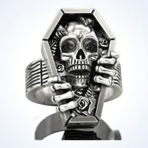 Gift for him skull coffin ring in oxidized 925 silver