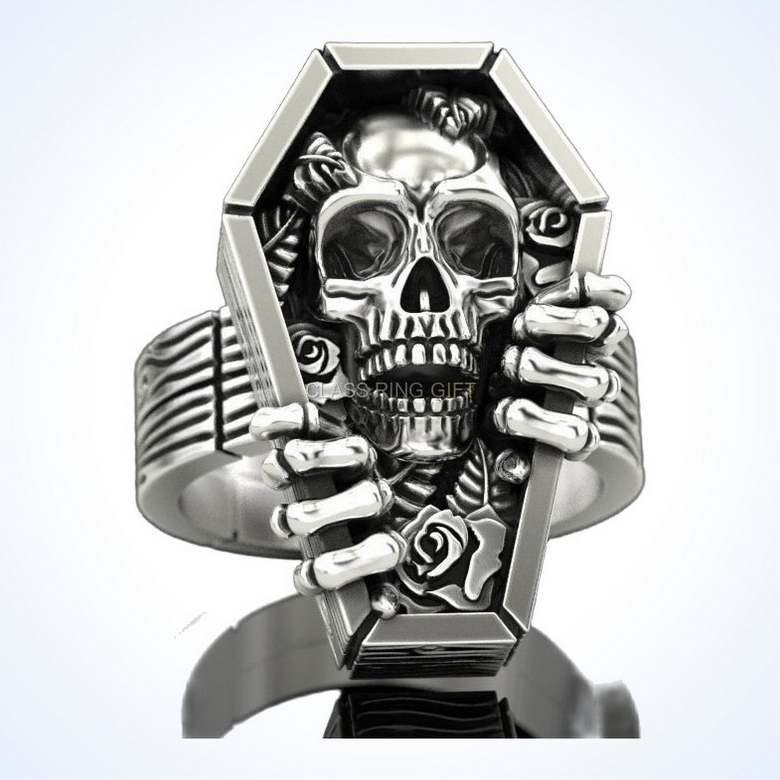Gift for him skull coffin ring in oxidized 925 silver