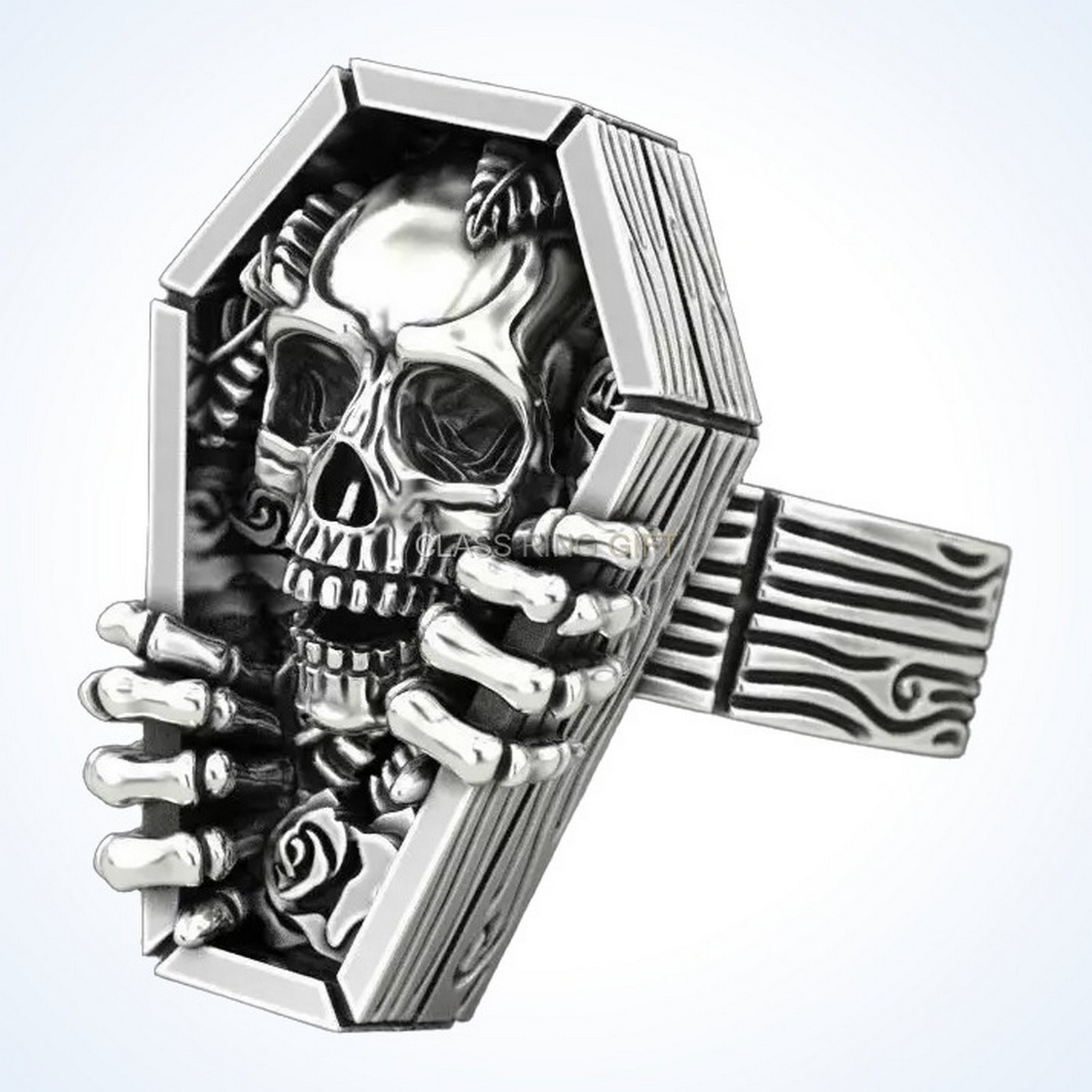 Gift for him skull coffin ring in oxidized 925 silver
