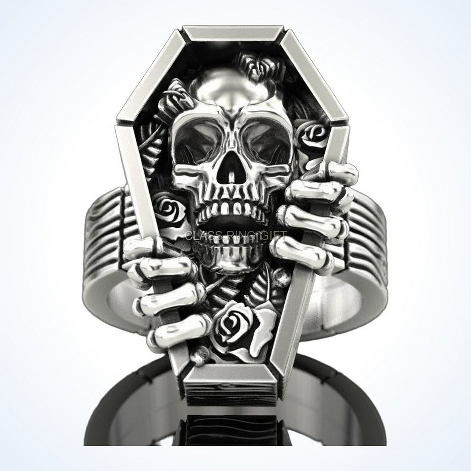 Gift for him skull coffin ring in oxidized 925 silver