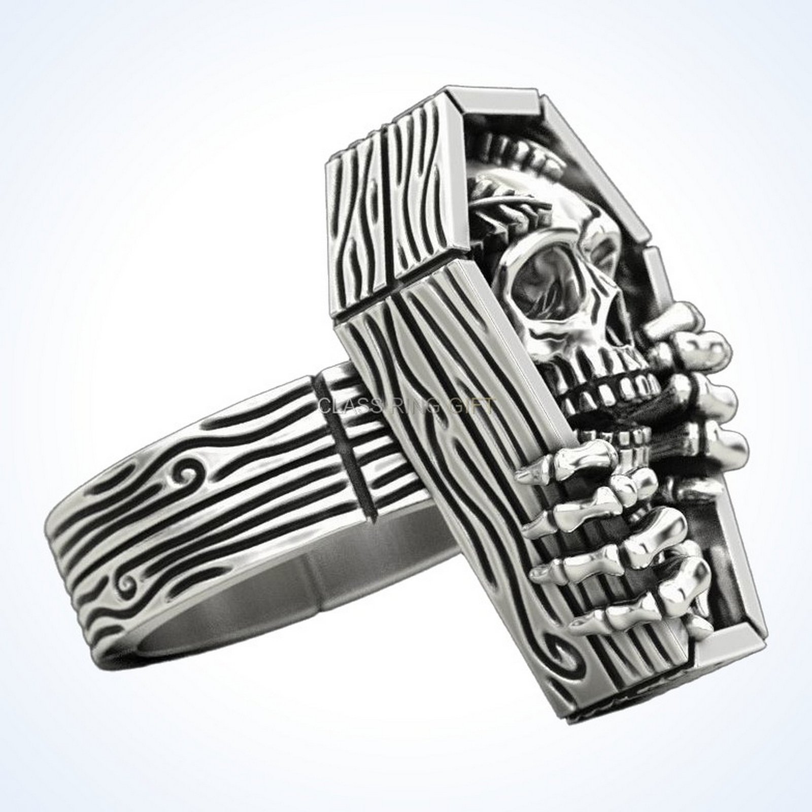 Gift for him skull coffin, three-quarter angled view of ring