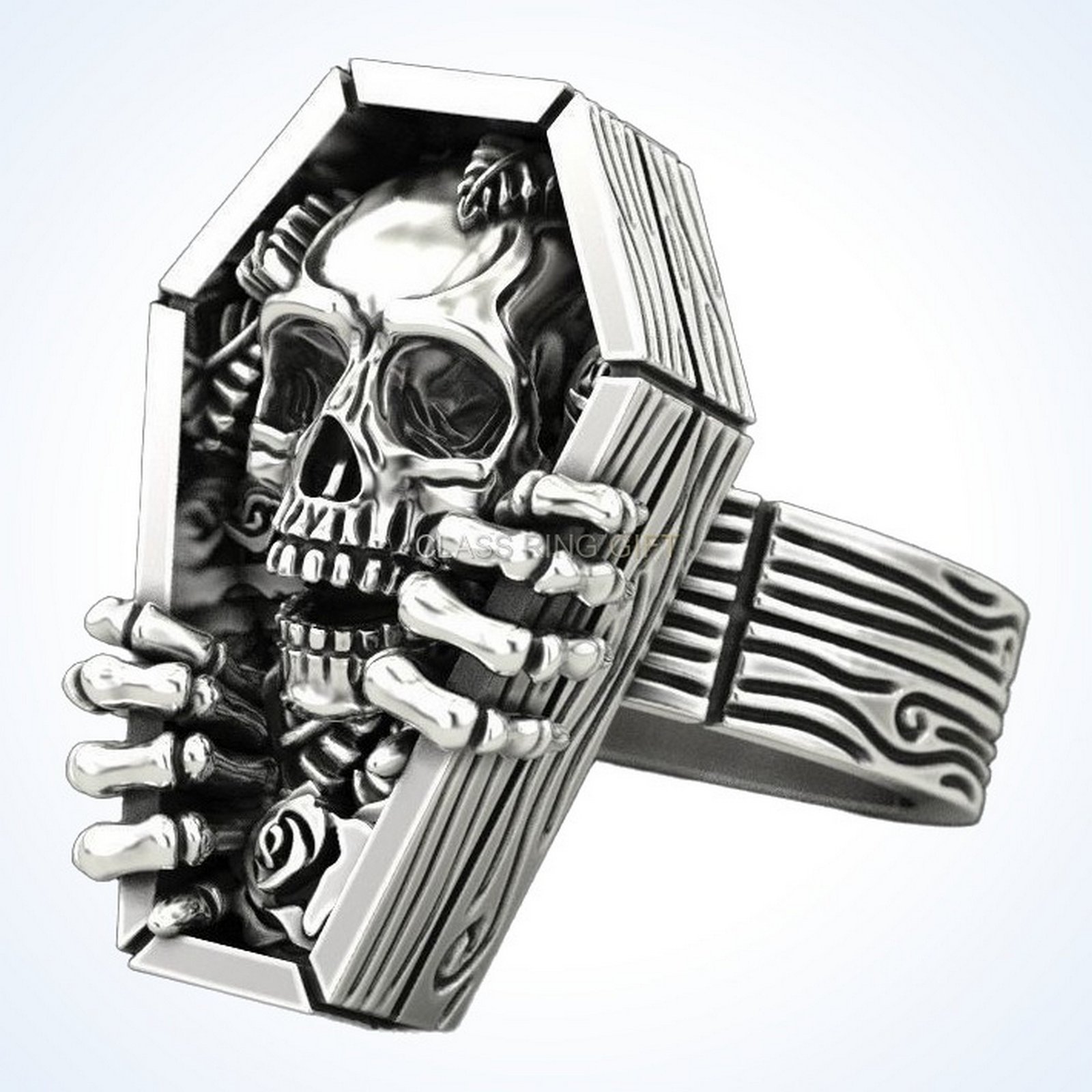 Gift for him skull coffin, tilted angle showing coffin detail
