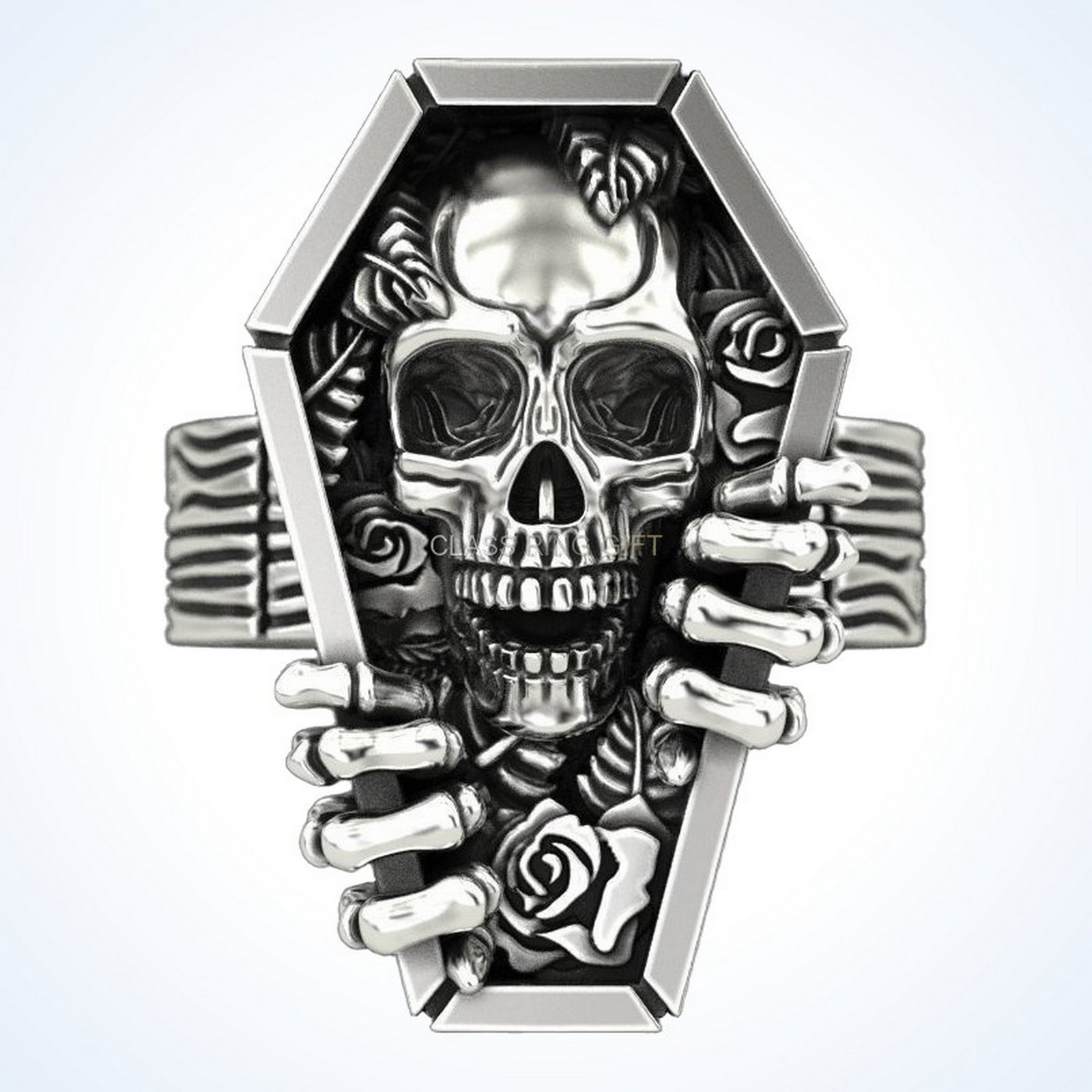 Gift for him skull coffin ring in oxidized 925 silver