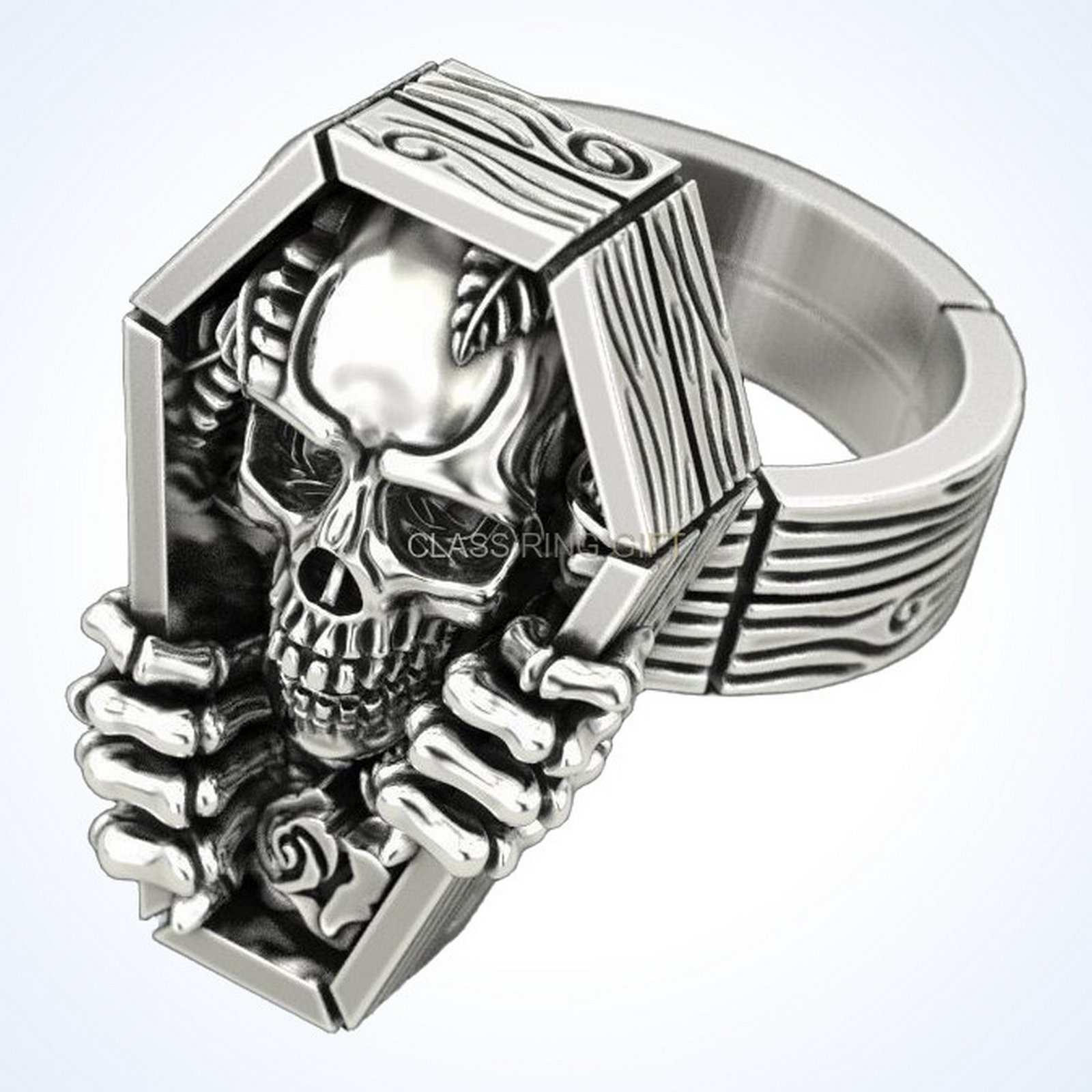 Gift for him skull coffin ring in oxidized 925 silver