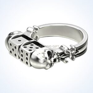 Gift for him skull dice ring, polished 925 sterling silver with dual skulls