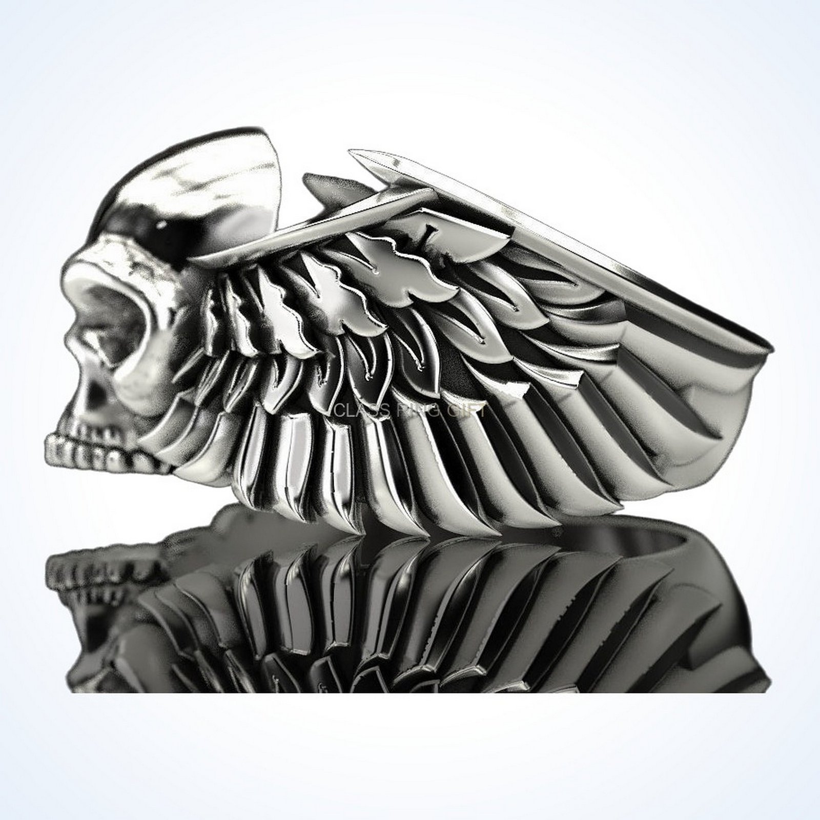 Gift for him skull wings, side-facing profile with wing detail