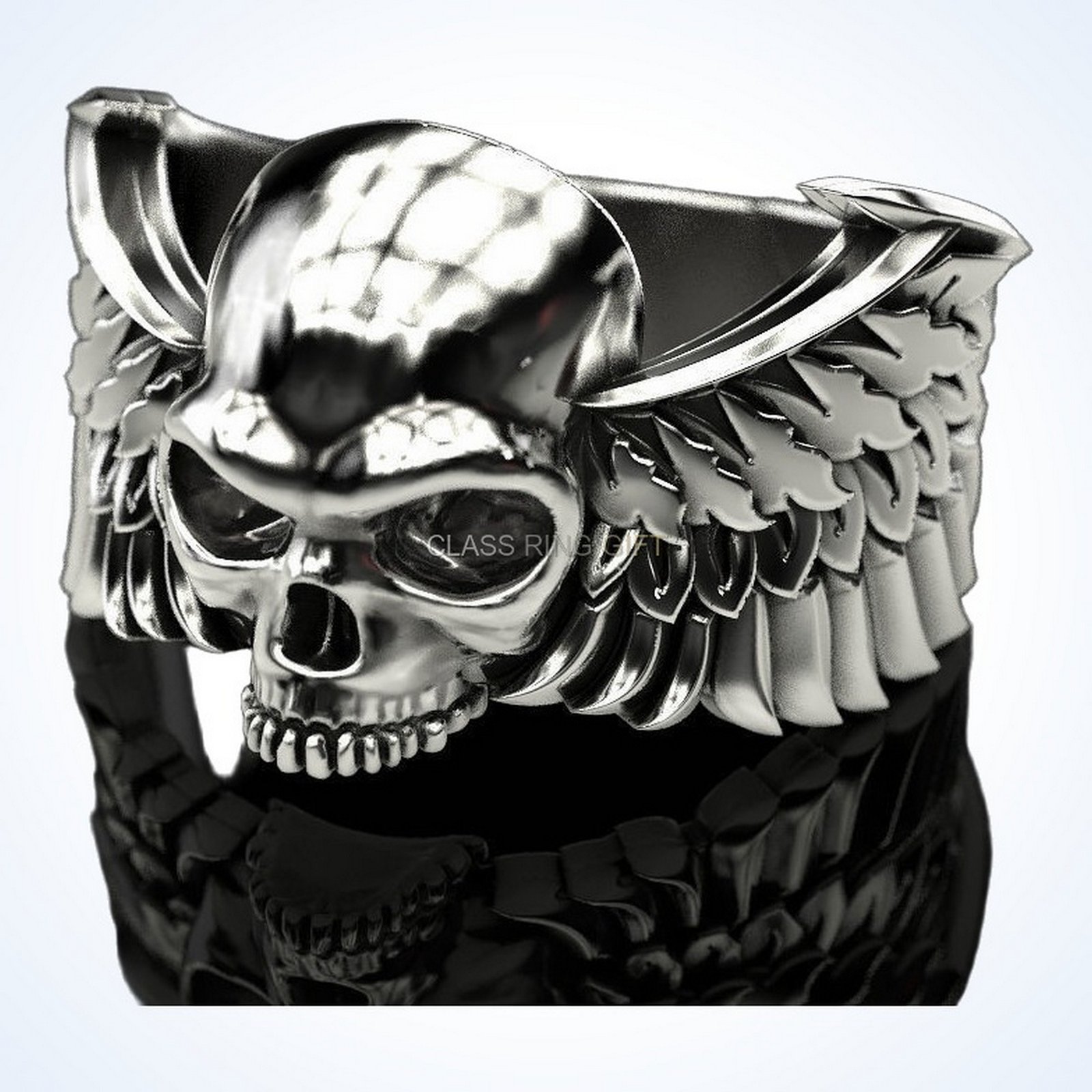 gift for him skull wings ring, 925 sterling silver with feathered sides