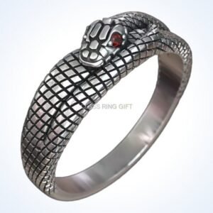 Gift for him snake scale ring, 925 silver with ruby eyes, front view