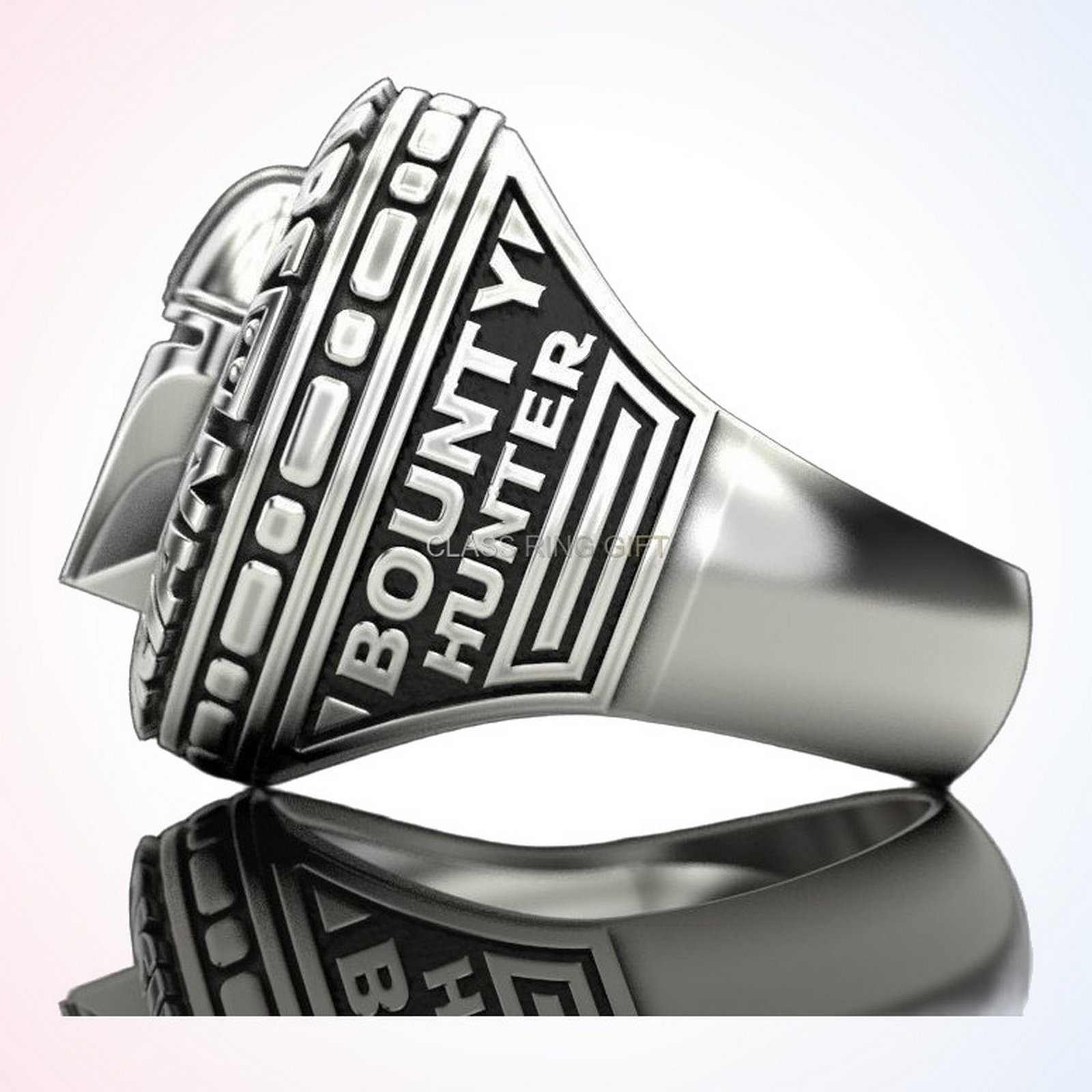 Mandalorian personalized gift star wars ring, angled three-quarter view with reflection