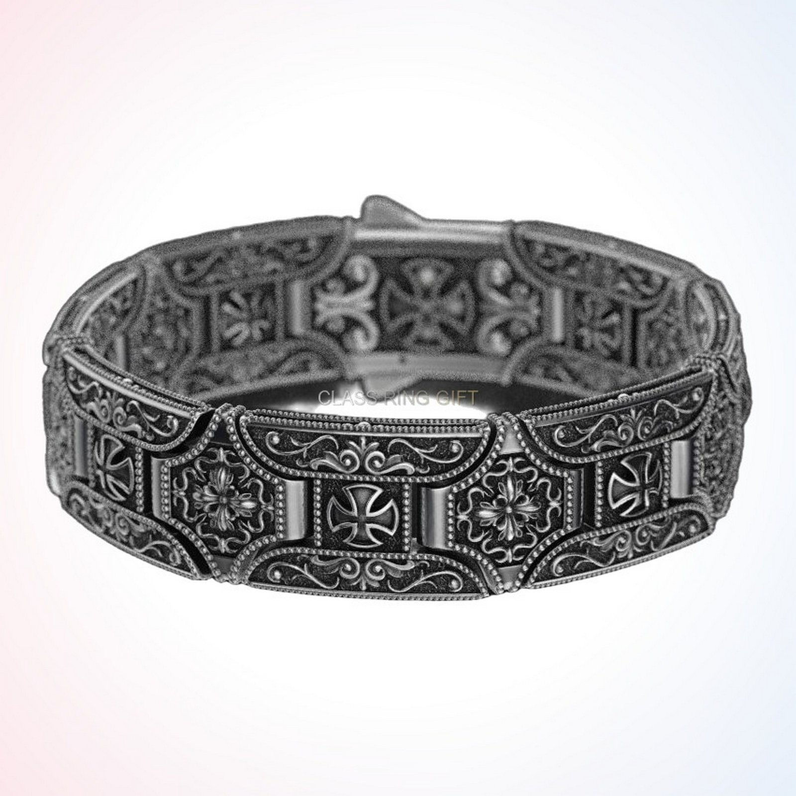 Christian gift stylish in bracelet, angled view emphasizing filigree pattern