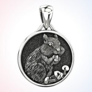 personalized gift stylish chipmunk pendant with mushrooms, oxidized 925 silver