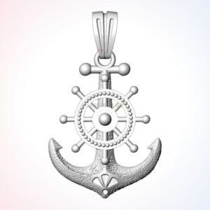 Personalized gift stylish in pendant anchor with ship wheel, oxidized 925 sterling silver