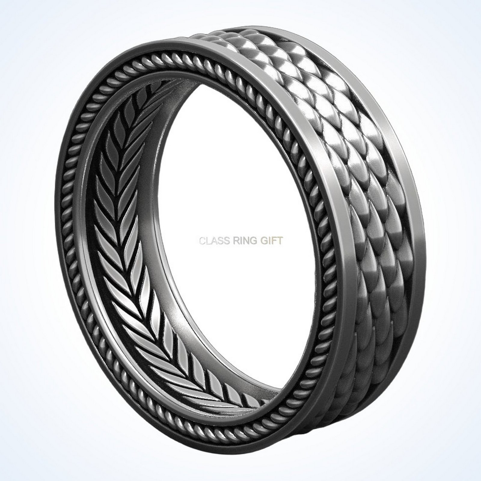 Gift for him stylish scale dragon ring front view with overlapping scales and twisted rope border