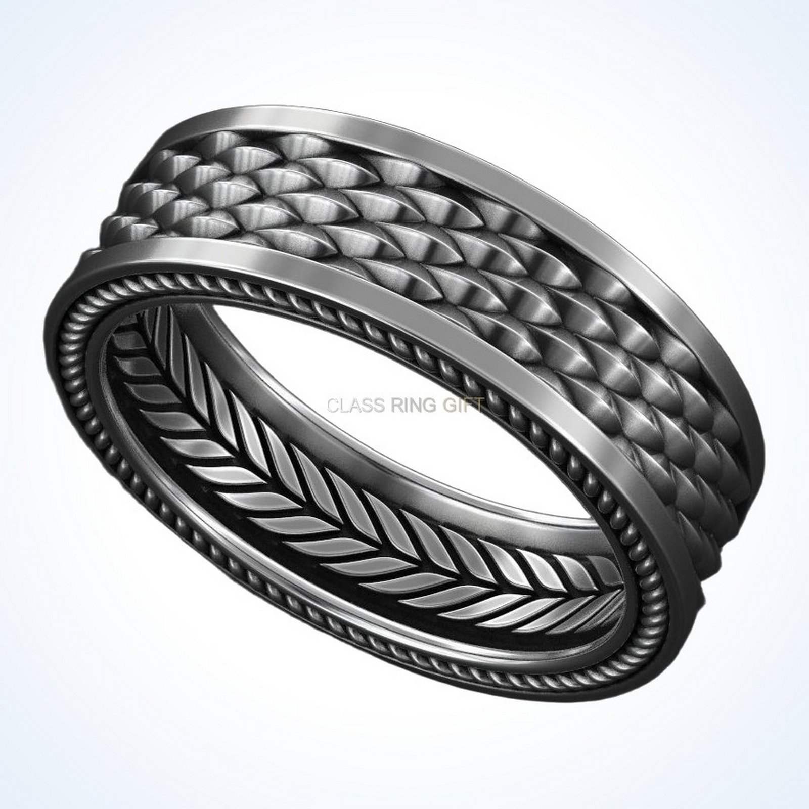 Gift for him stylish scale dragon ring front view with overlapping scales and twisted rope border
