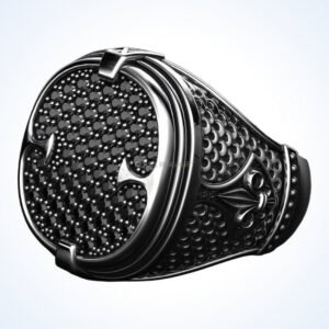 Personalized gift stylish patterns ring with diamond pavé and beaded frame in oxidized 925 silver