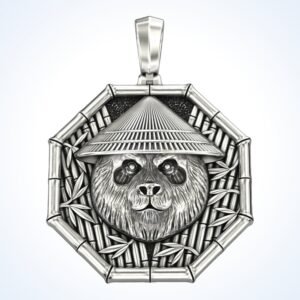 Gift for him suspension japanese panda samurai pendant oxidized sterling silver